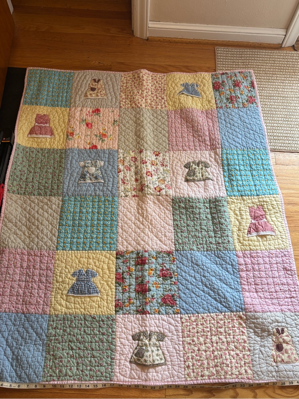 Handmade Pastel Patchwork Baby Quilt with Dress Appliqués